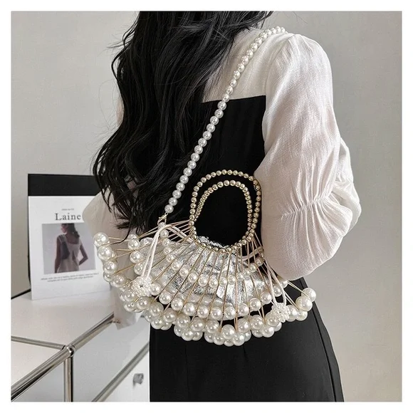 women's pearl chain oblique hollow handbag - Picture 10 of 16